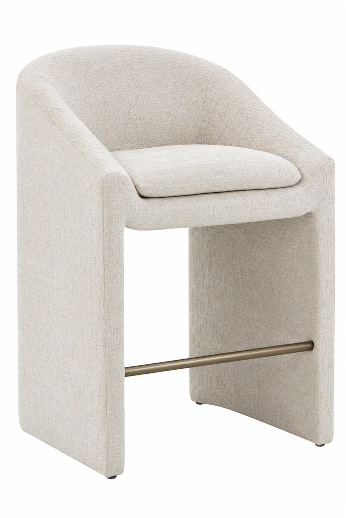 Kagan Chenille Counter Stool with light upholstery and metal footrest on a white background