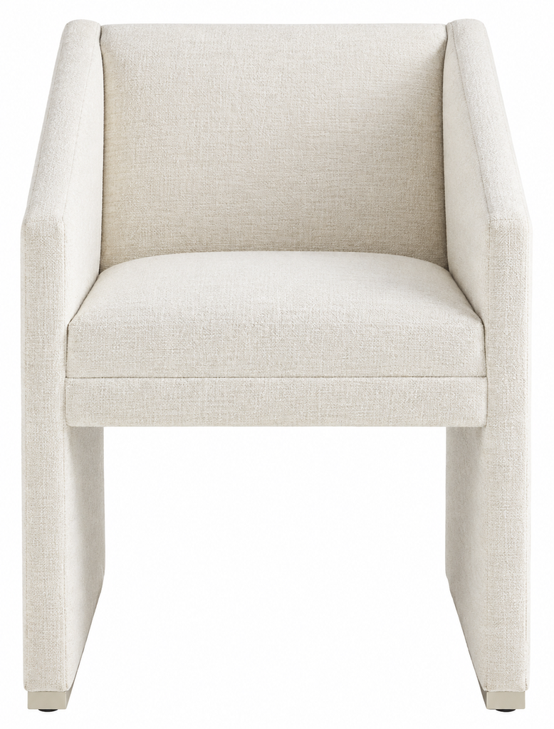 Front view of the Dune Stocked Dining Chair with light cream upholstery and upholstered arms and legs